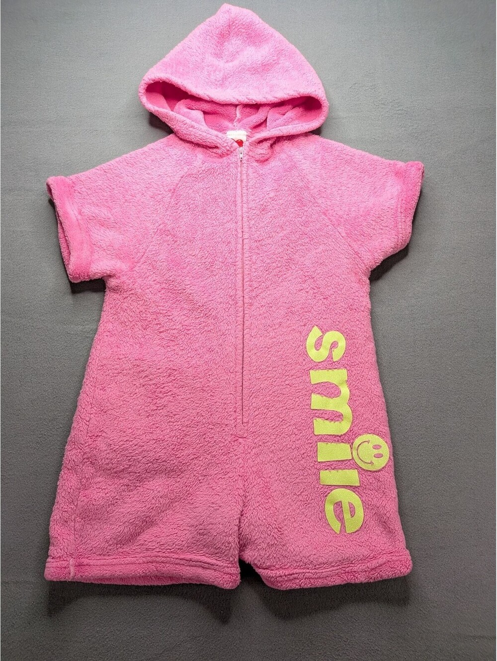 Made With Love And Kisses Romper Girls 10-12 Pink Fleece Hooded One Piece Smile
